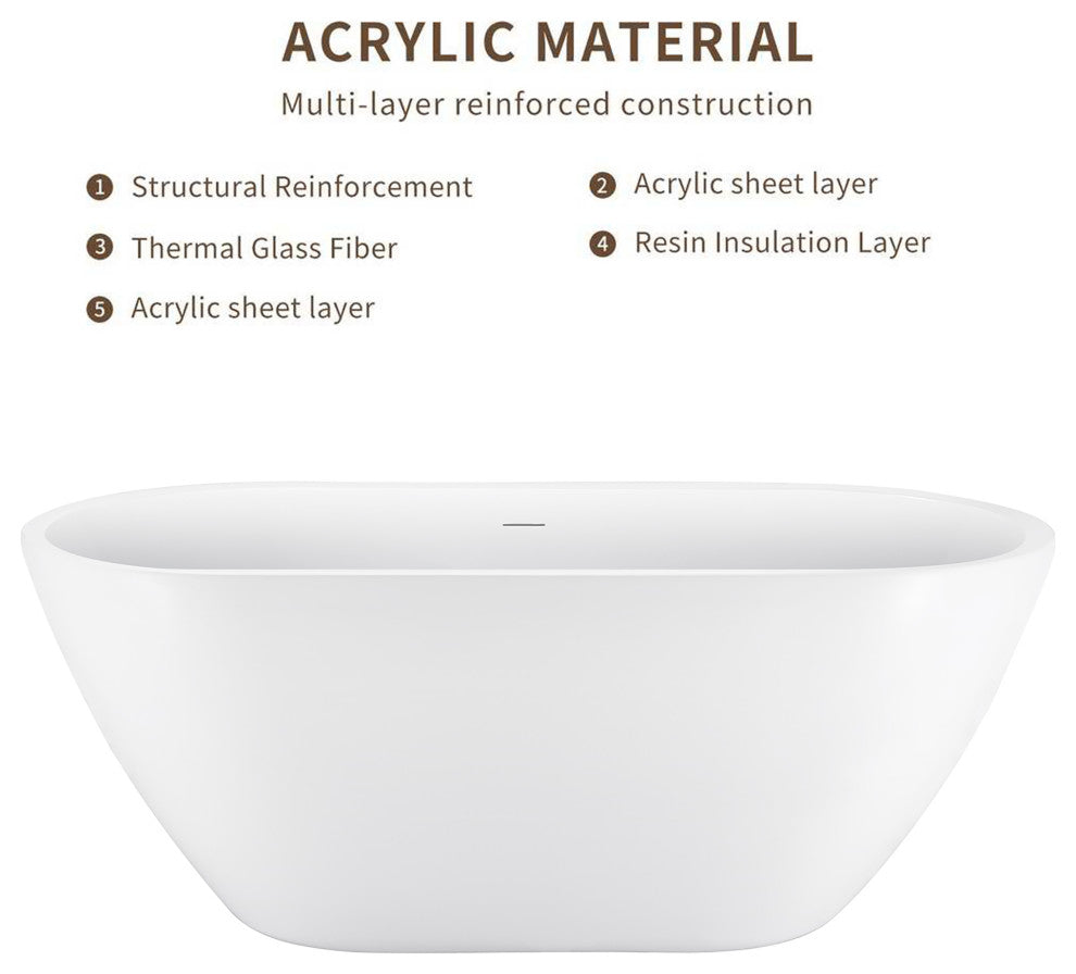 62" Acrylic Freestanding Soaking Bathtub, White, Overflow and Drain
