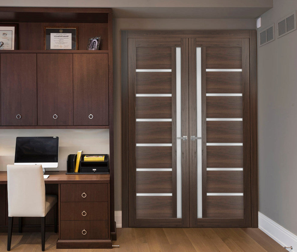 Interior French Double Doors Frosted Glass|Quadro 4088 Chocolate Ash -72x96