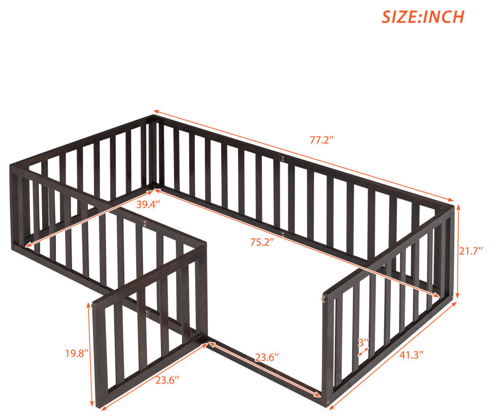TATEUS Stylish and Versatile Floor Bed for Kids"™Bedroom Fences, Walnut, Twin