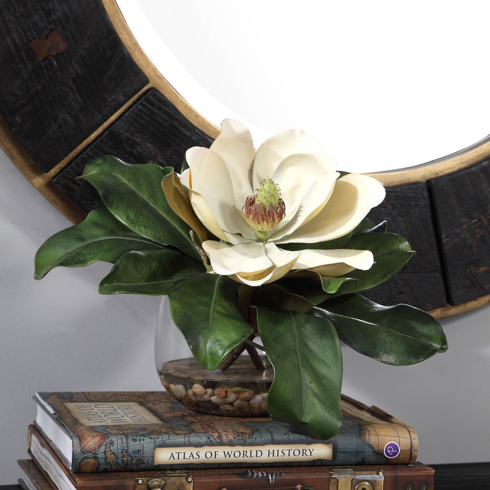 Large Southern White Magnolia Blossom Faux Floral Glass Vase