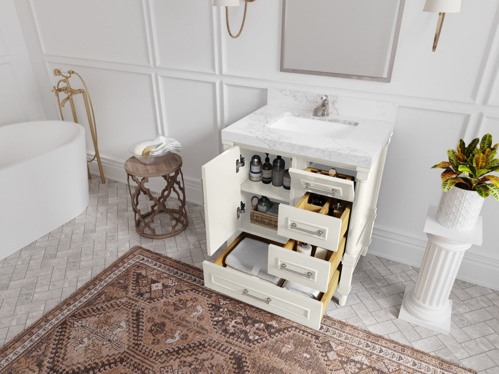 Aberdeen 30" Single Sink Bath Vanity, Alabaster 2" Carrara Marble