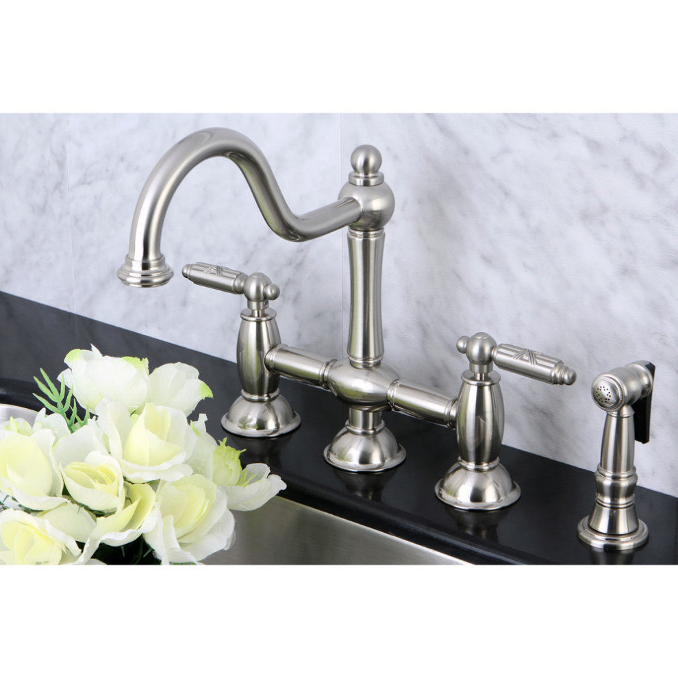 KS3798GLBS Restoration Bridge Kitchen Faucet With Brass Sprayer, Brushed Nickel