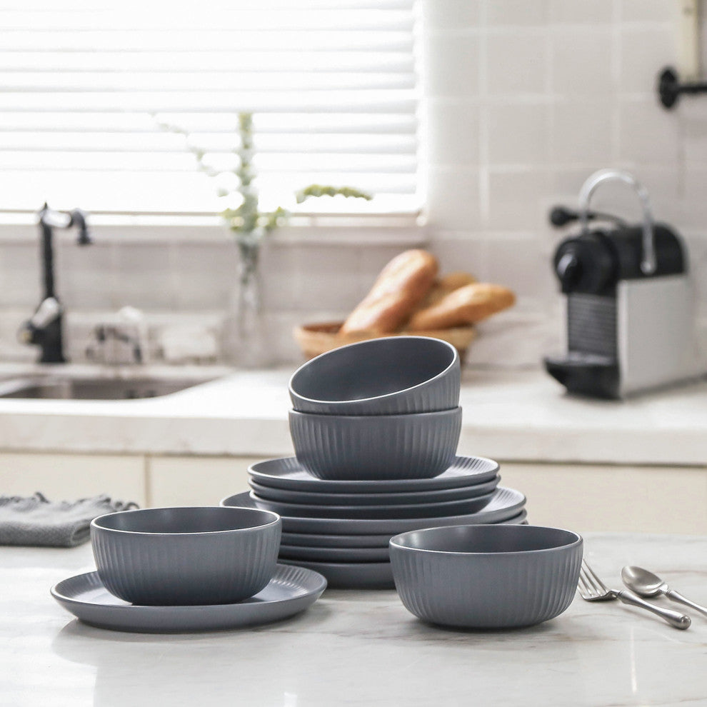 Stone Lain Logan Stoneware 12 Piece Dinnerware Set, Grey