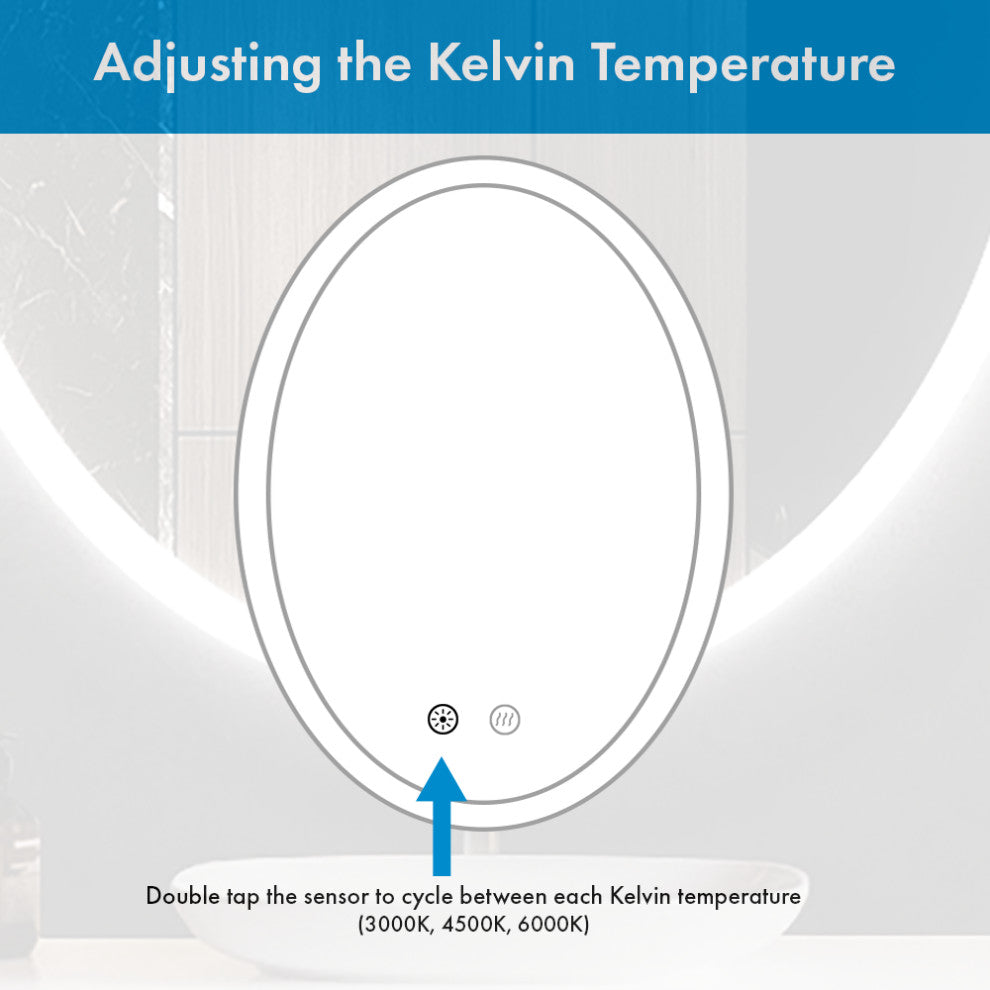 Ellipse Oval Dimmable LED Mirror with Defogger, 24"x36"x1.75"