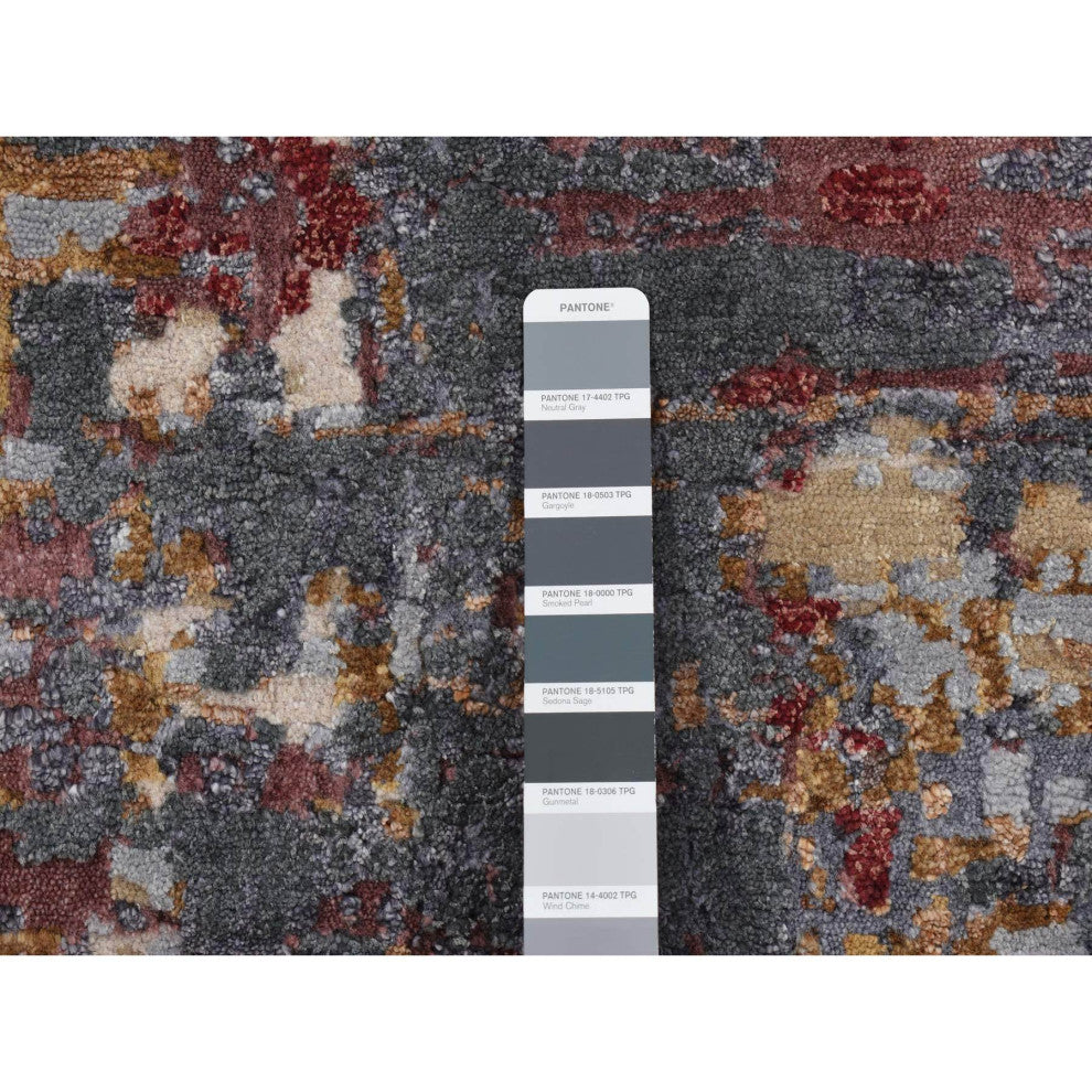Red, Wool and Silk, Abstract Design Hand Knotted Runner Rug, 2'7"x8'1"