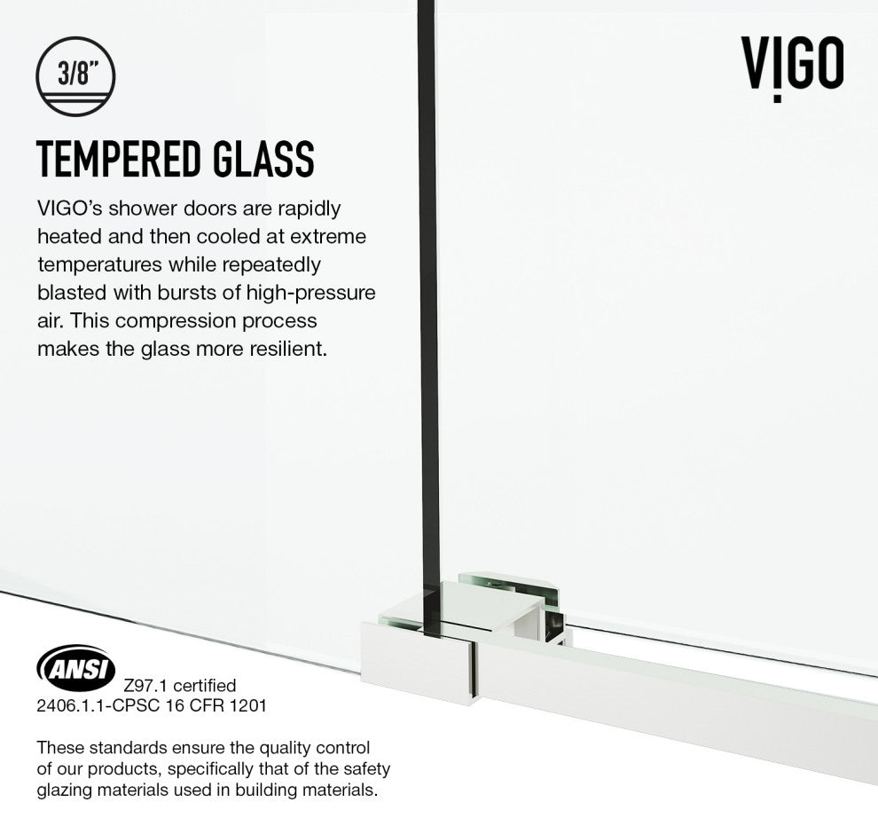VIGO Elan Cass Aerodynamic 60" to 64" W x 76" H Frameless Sliding Shower Door, Stainless Steel, Clear Glass