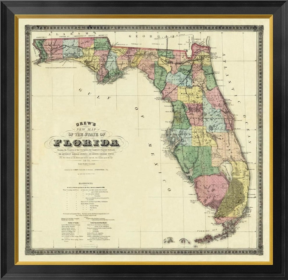 "New Map of The State of Florida, 1870"  by Columbus Drew, 34x33"