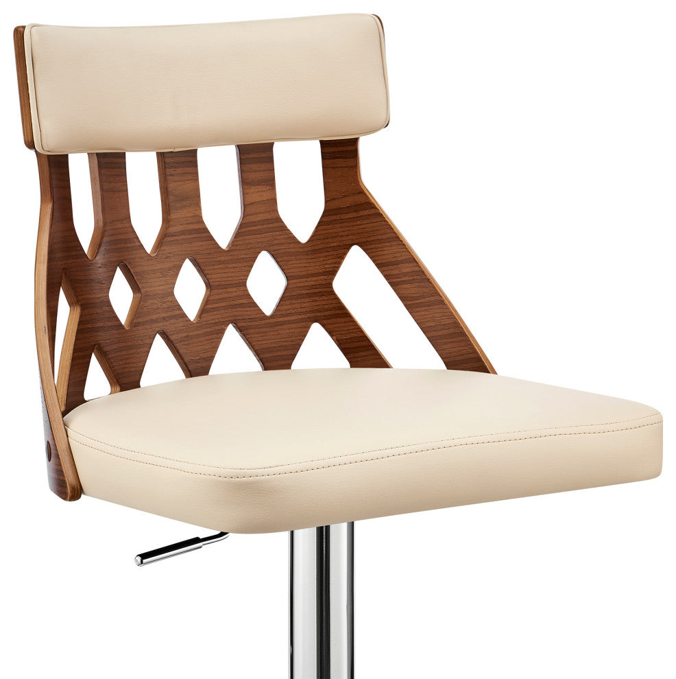 Adjustable Cream Faux Leather and Walnut Lattice Bar Stool
