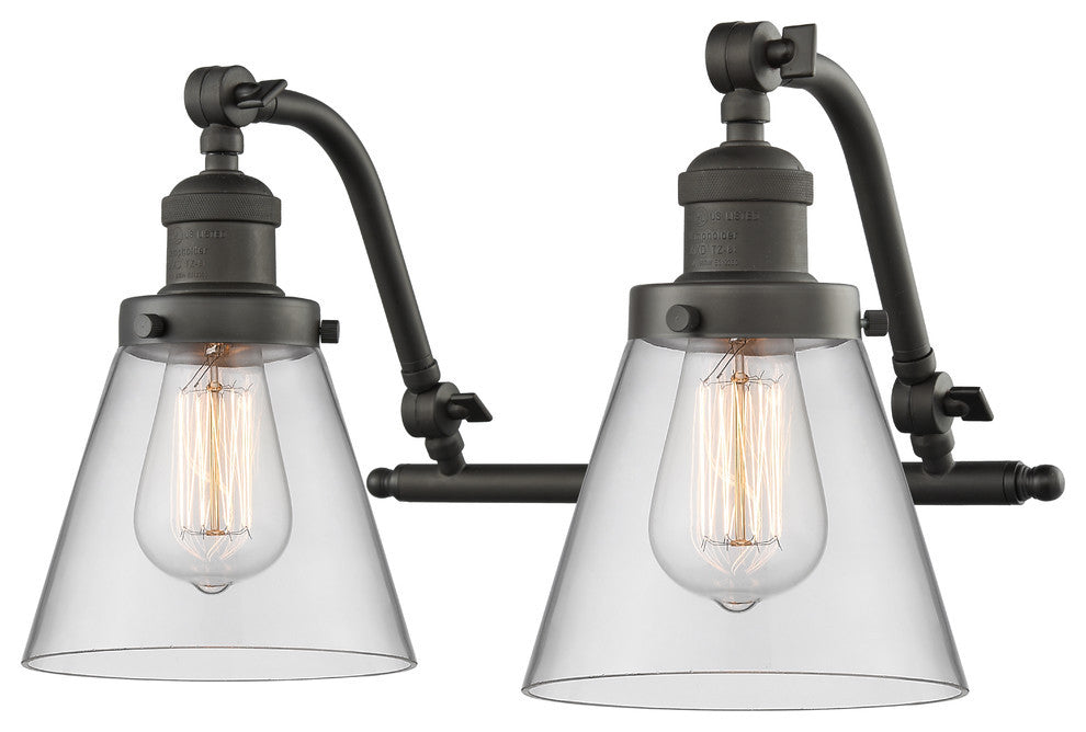 Small Cone 2-Light Bath Fixture, Clear Glass, Oil Rubbed Bronze, Incandescent