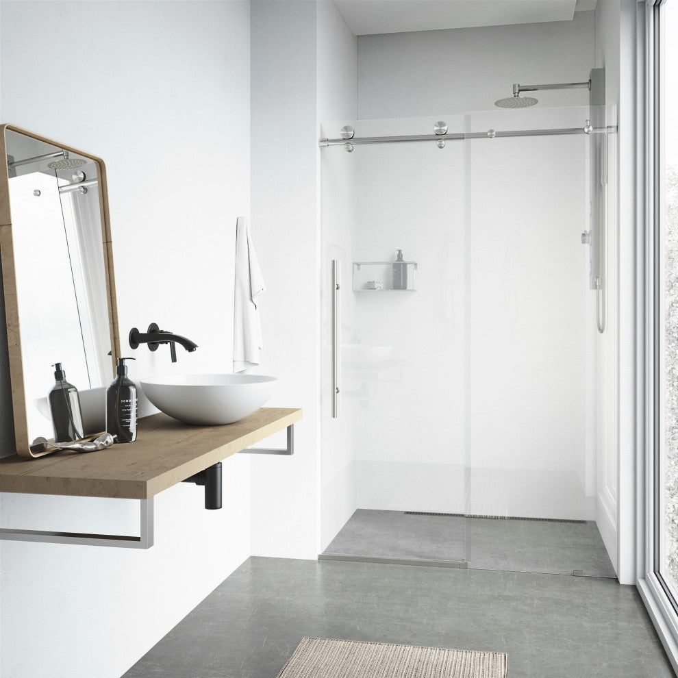 VIGO Elan E-Class 68" to 72" W x 76" H Frameless Sliding Shower Door, Stainless Steel, Clear Glass