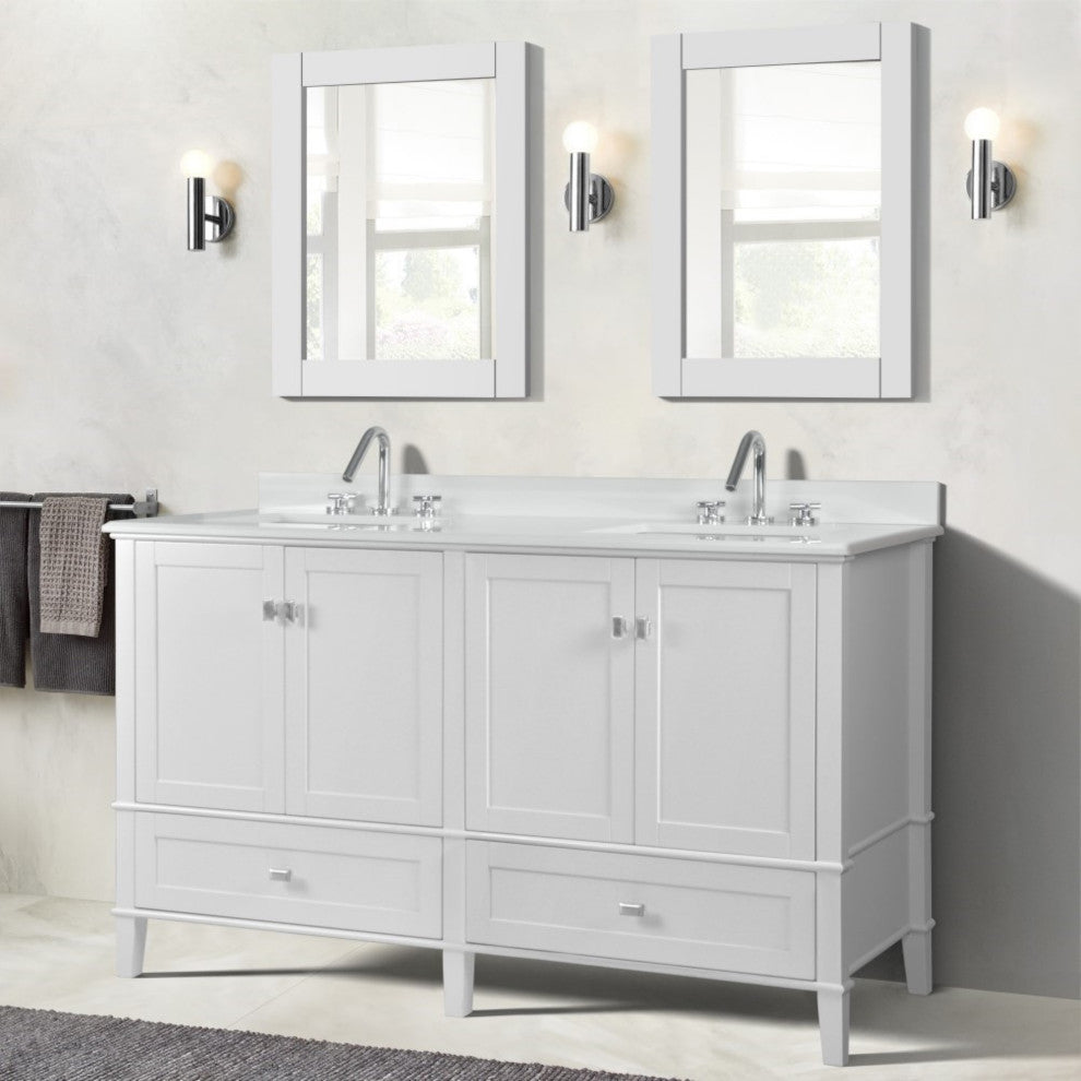 61" Double Vanity, White With Engineered Stone Top