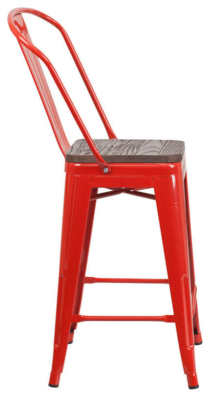 24" High Red Metal Counter Height Stool With Back and Wood Seat