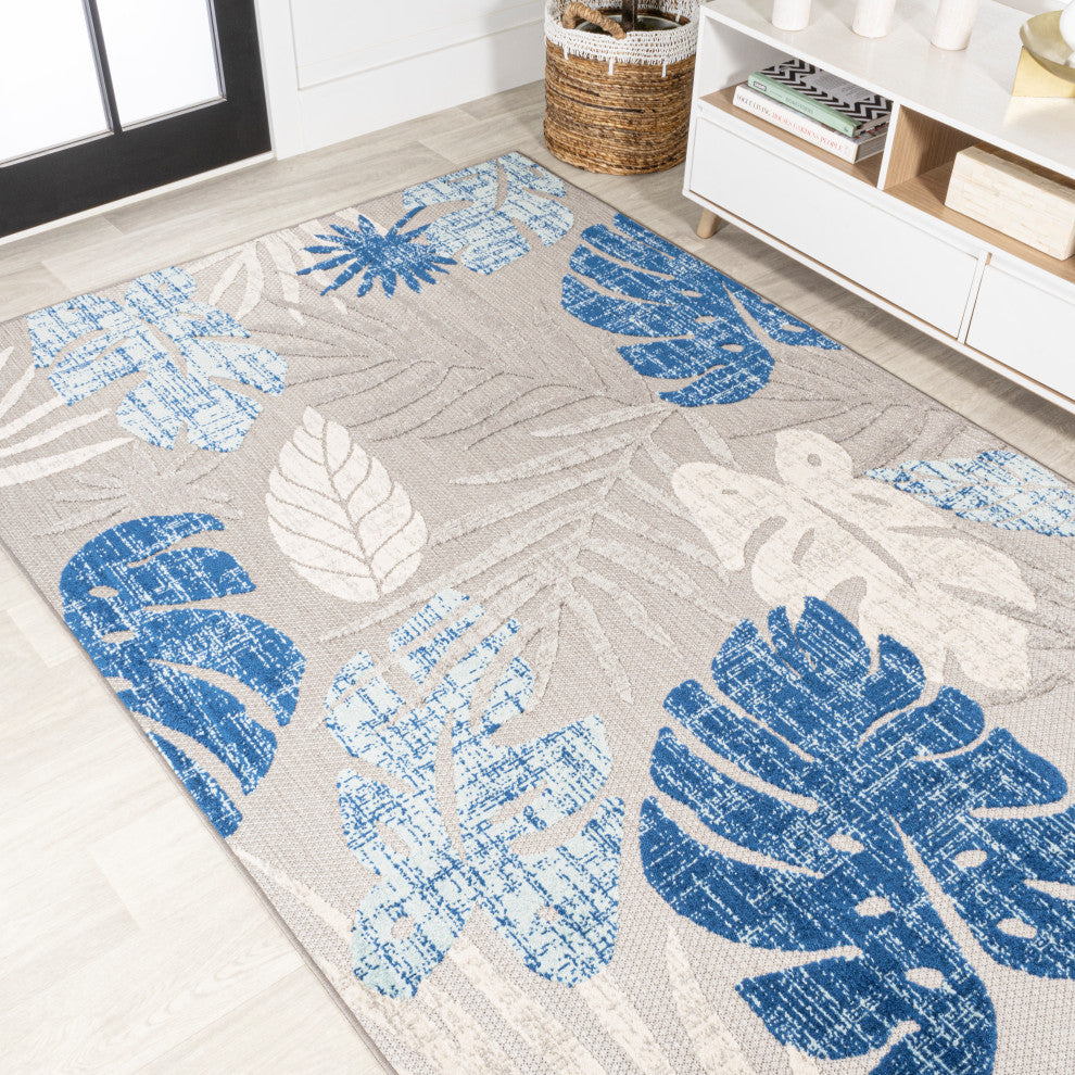 Monstera Tropical Leaf High-Low Indoor/Outdoor Area Rug, Light Gray/Navy, 3 X 5
