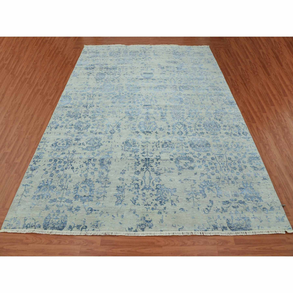 Silver Persian Erased Vase Design Wool and Silk Hand Knotted Rug, 10'0"x13'8"