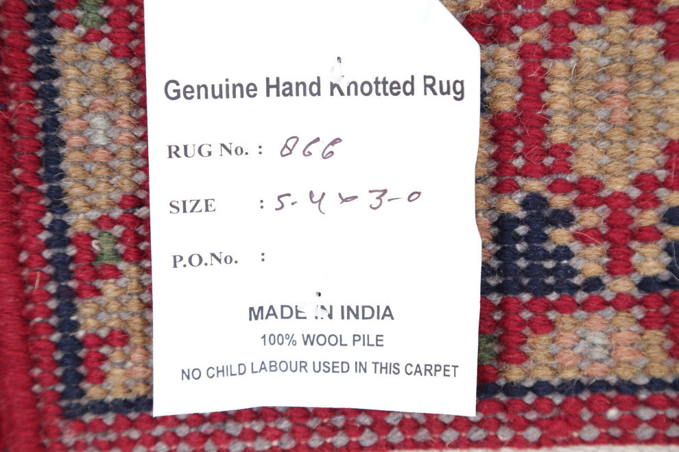 Hand-Knotted Heriz Oriental Traditional Indian Area Rug, Red, 5'4"x3'0