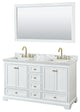 60"DBL Bath Vanity White, Carrara Countertop, Sinks, Gold Trim, 58" Mirror