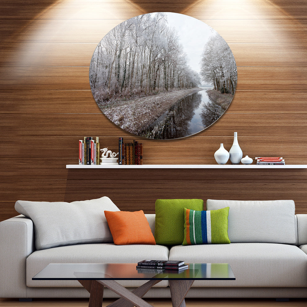 Trees In White Winter Landscape, Landscape Disc Metal Artwork, 36"