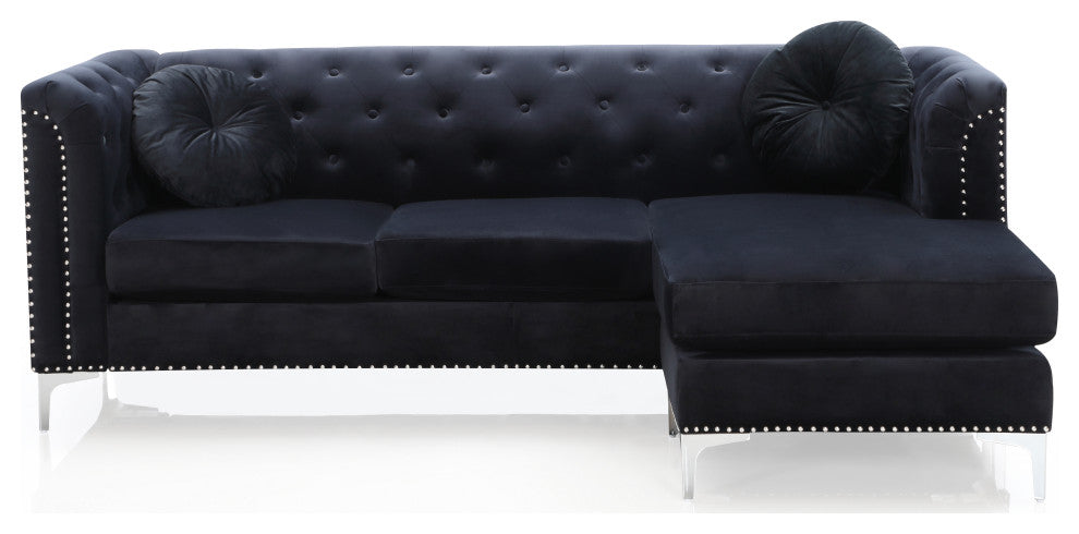 Pompano Velvet Button Tufted Sofa with Chaise, Black