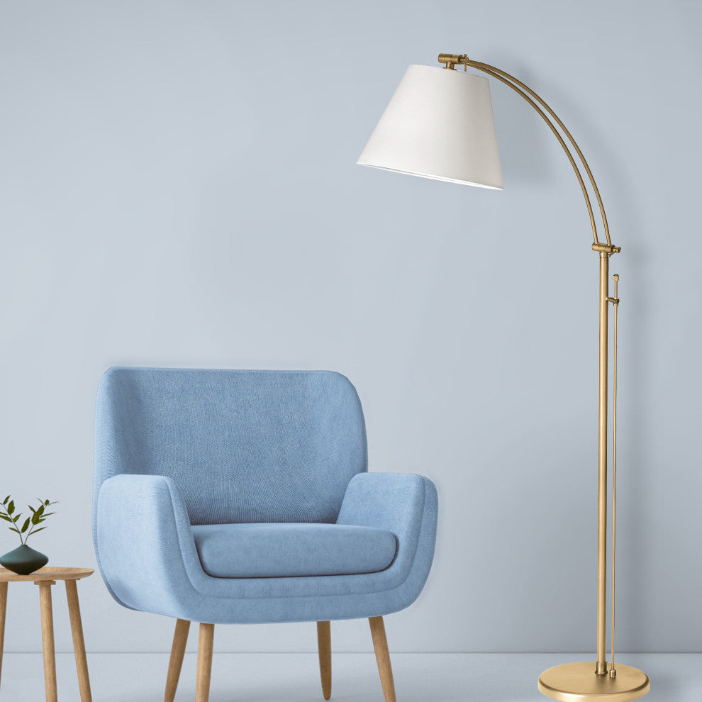 Modern Floor Lamp With White Fabric, Aged Brass