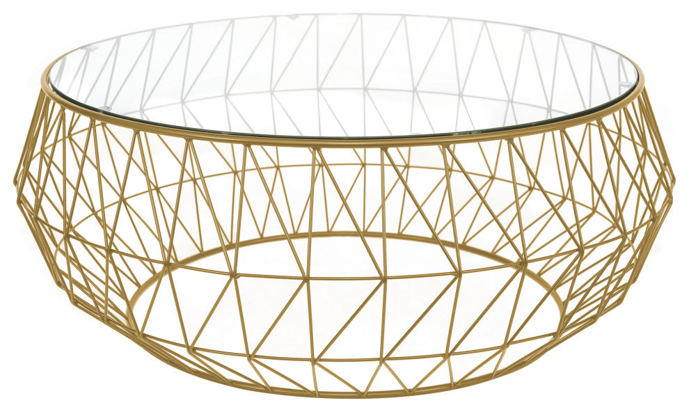 LeisureMod MD39GG Malibu Modern Round Glass Gold Coffee Table With Metal Base