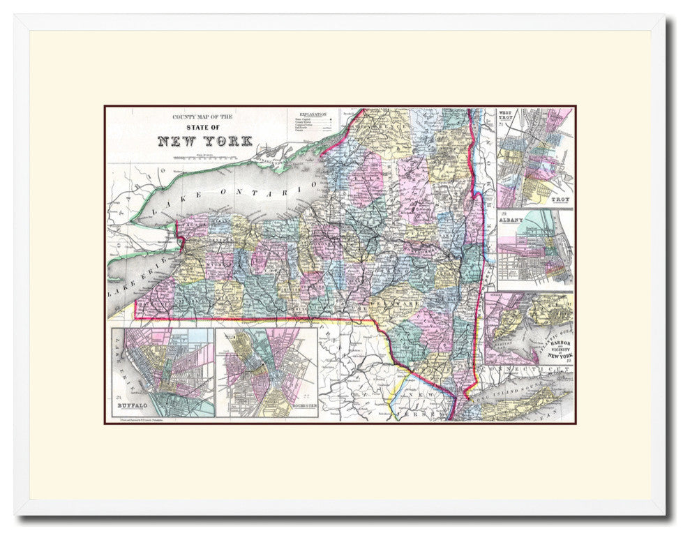 New York Old Map Print On Canvas With Picture Frame Art Collection 16" X 21"
