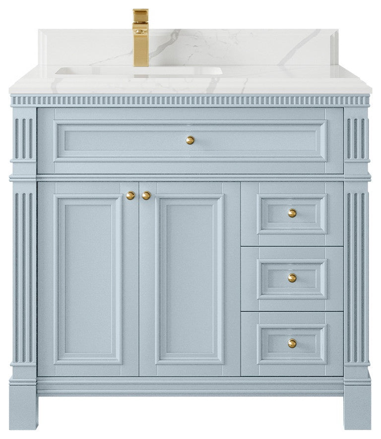 Paris 36" Left Offset Bathroom Vanity, Blue Heather 1.5" Calacatta Laza