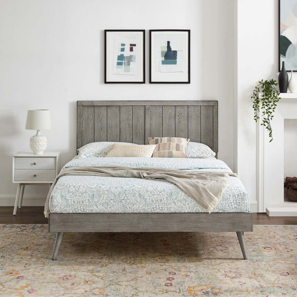 Platform Bed Frame, King Size, Wood, Gray, Modern Mid-Century, Bedroom