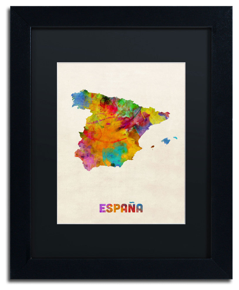 'Spain Watercolor Map' Matted Framed Canvas Art by Michael Tompsett