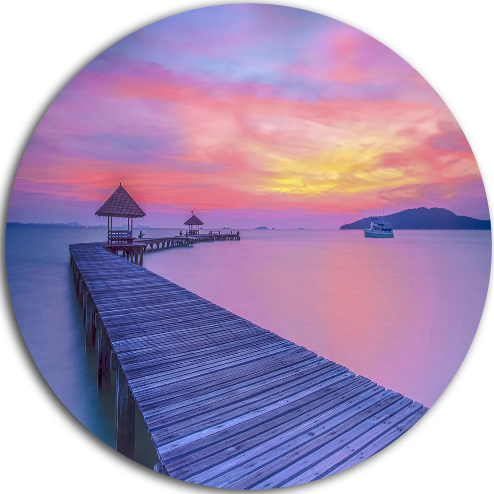 Purple Tinged Wood Bridge And Beach, Seascape Disc Metal Wall Art, 36"