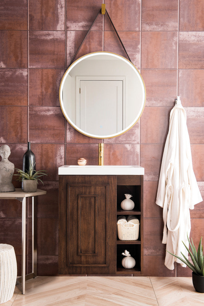 Alicante' 24" Vanity, Mid Century Acacia, White Glossy Resin Countertop