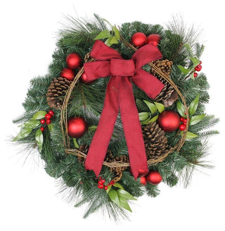 Pine, Red Ball Ornaments and Pine Cones Artificial Christmas Wreath, Unlit