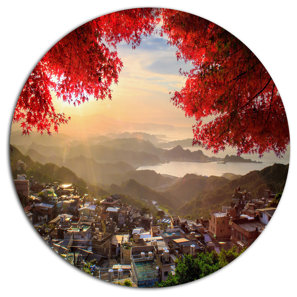 Taiwan Township With Red Trees, Landscape Round Wall Art, 23"
