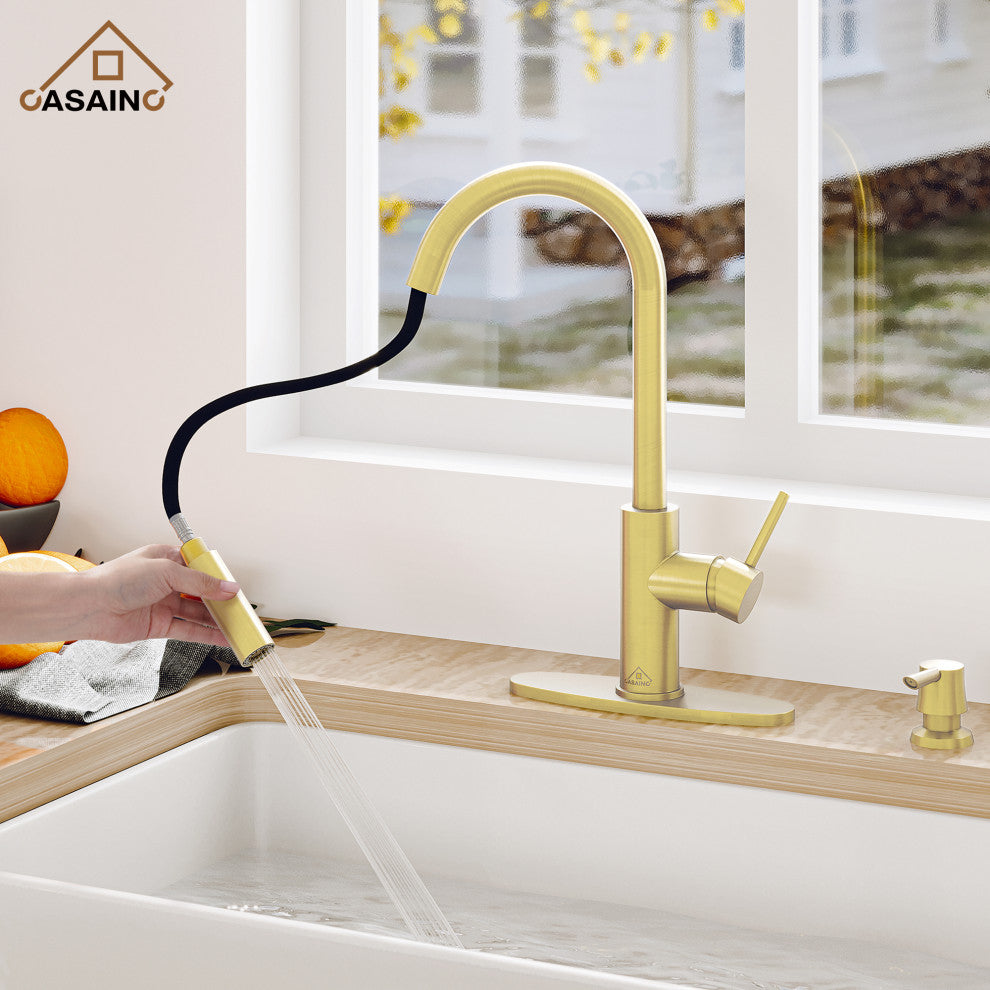 Touchless Pull Down Single Handle Kitchen Faucet With LED Function, Brushed Gold
