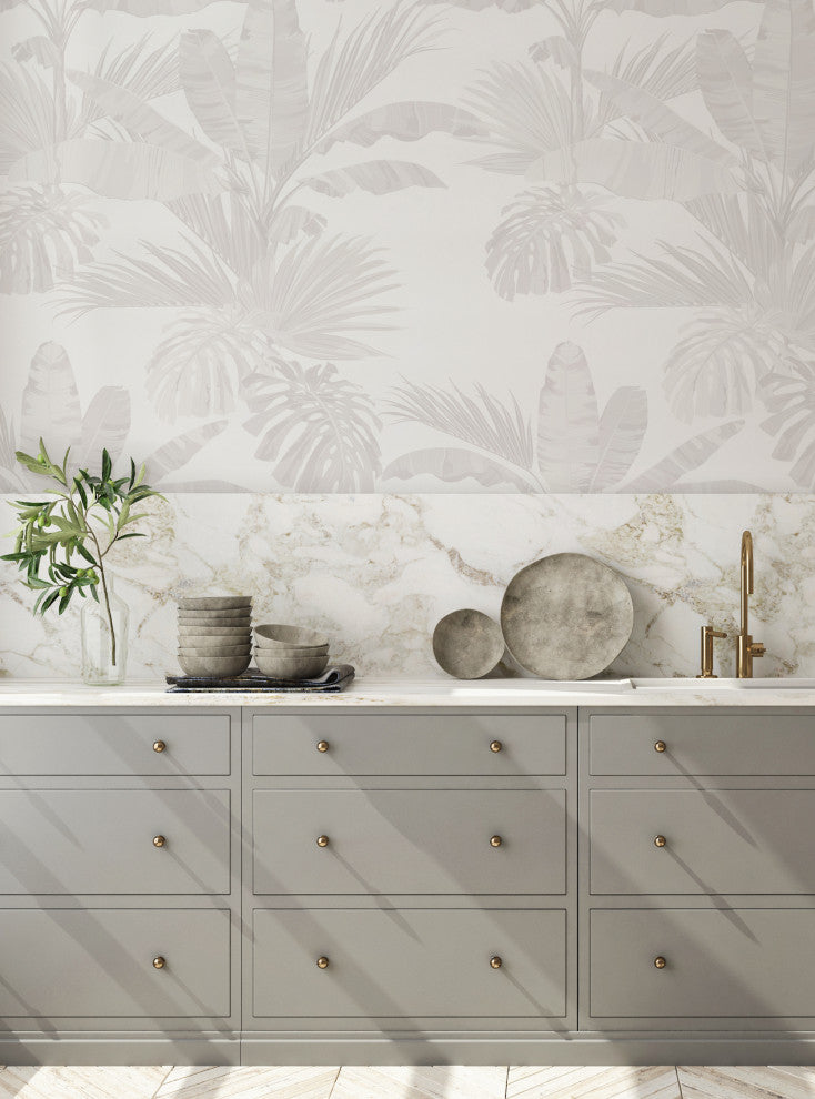 Oceanside Palm Leaves Vinyl Peel and Stick Mural, Gray, 24"x108", Single