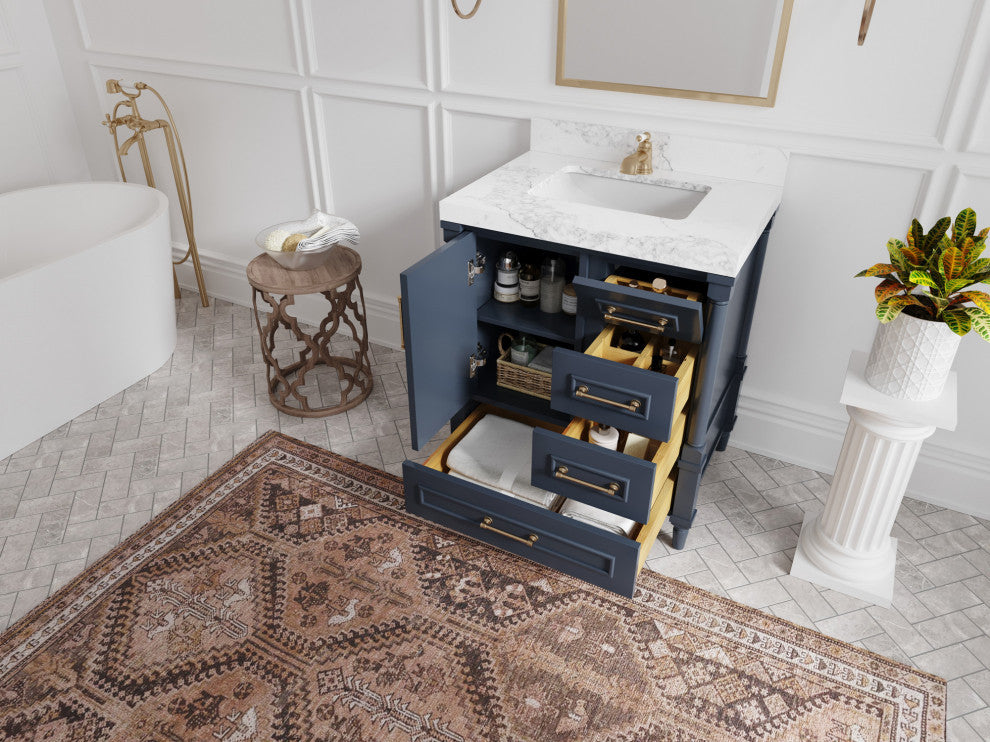 Aberdeen 30 Single Sink Bath Vanity in Hale Navy Blue  2" Calacatta Gold