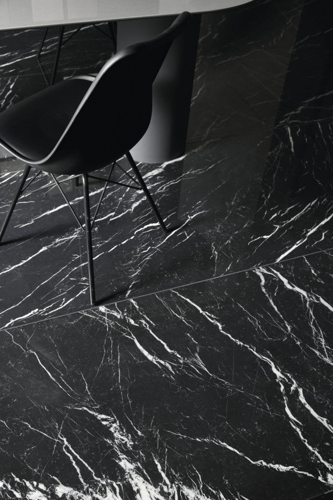 Marquina Black Marble Look Rectified Porcelain Tile Matte, 24"x48"