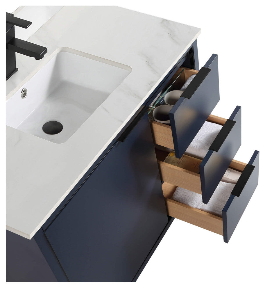 Opulence Bath Vanity, Navy Blue, 36", Black Hardware, White Carrara Top