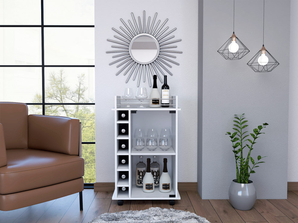 Vegas Retro Modern Two Tier Bar Cart with Glass Door & Six Liquor Cubbies, White