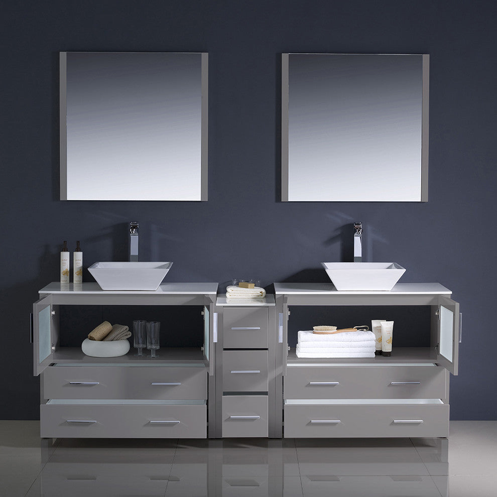 84" Gray Modern Double Sink Bathroom Vanity With Side Cabinet, Faucet, FFT1044CH