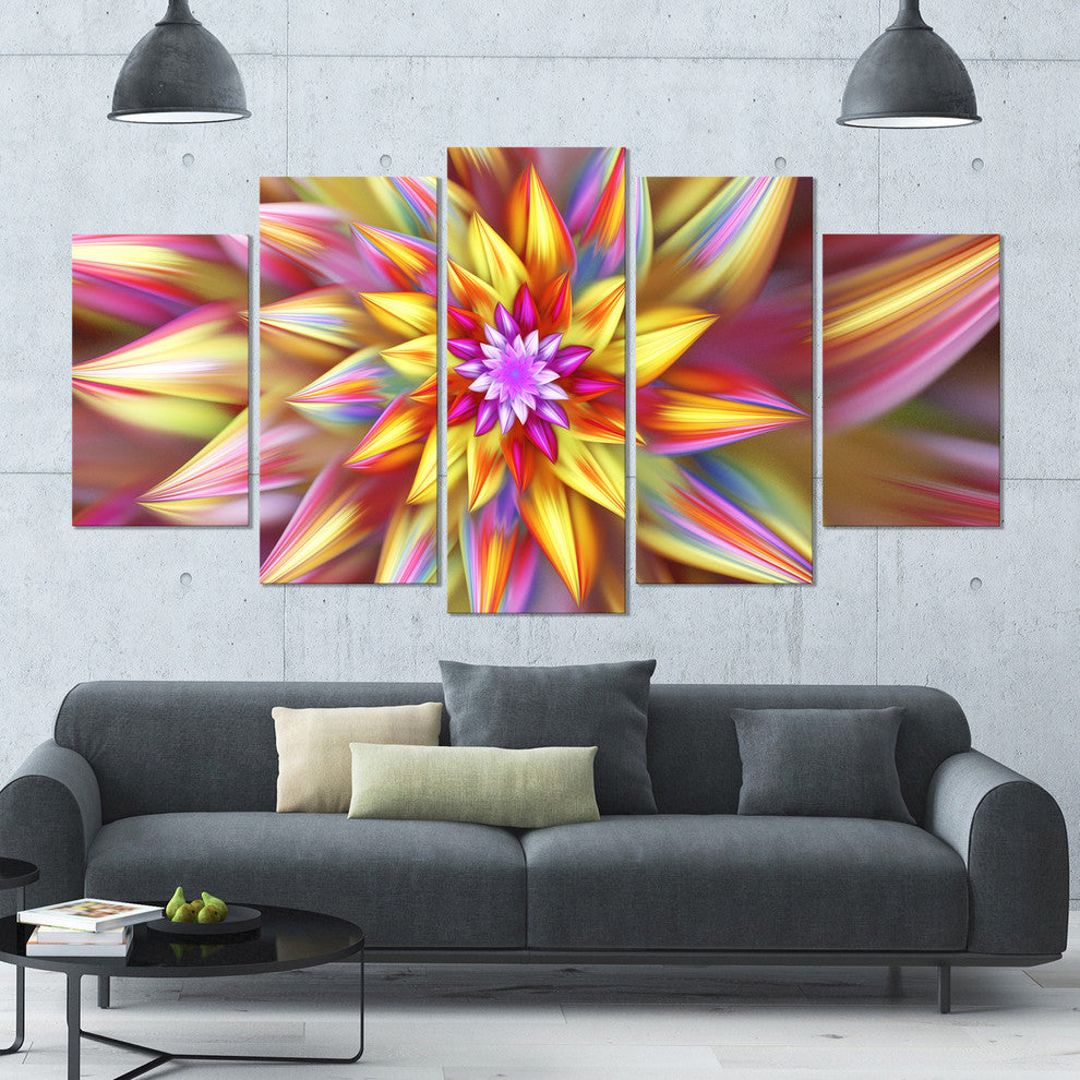 Multi Color Alien Fractal Flower, Floral Canvas Art Print, 60"x32", 5 Panels