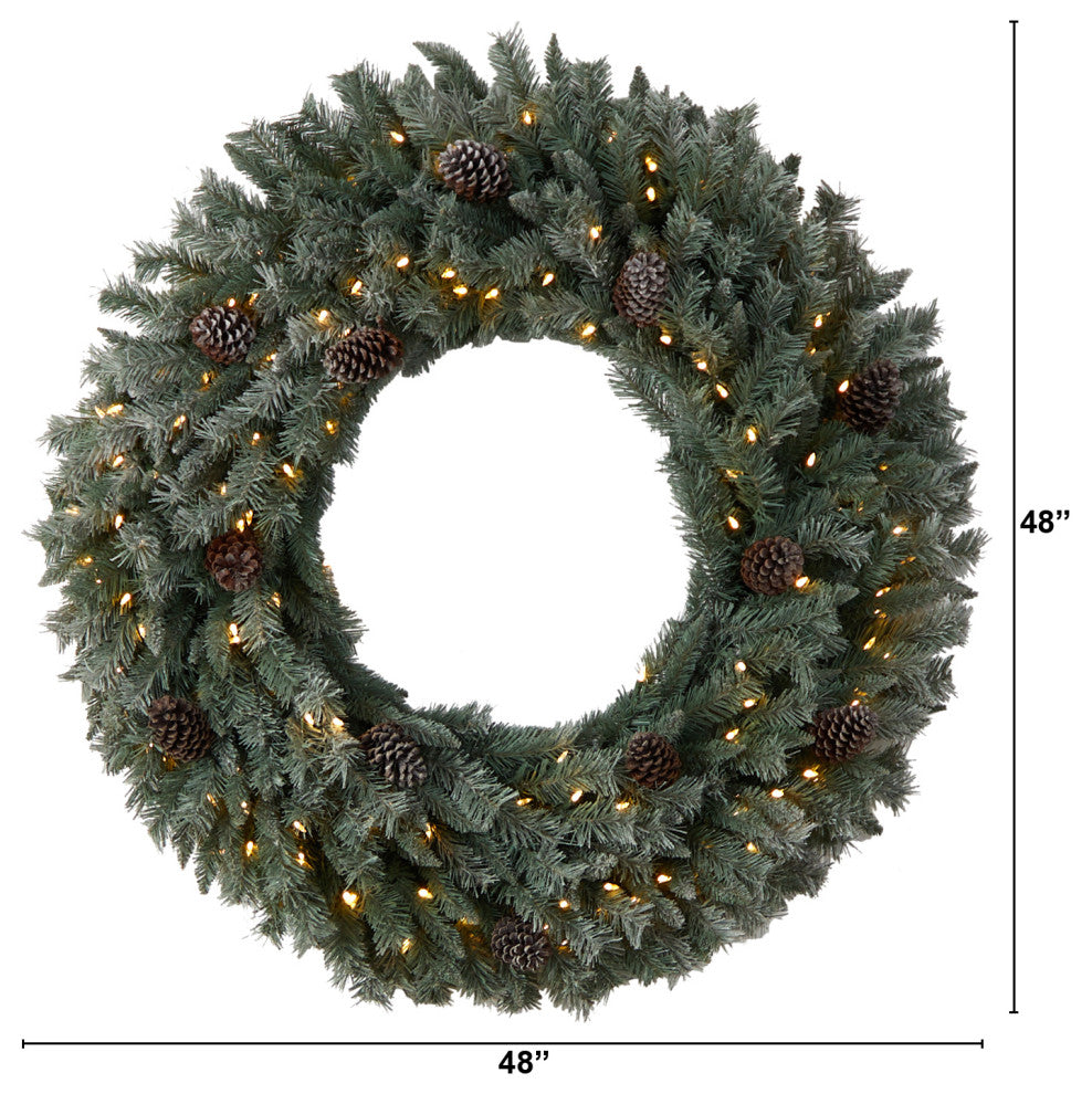 4' Large Flocked Faux Xmas Wreath W/Pinecones, Clear Lights & Bendable Branches