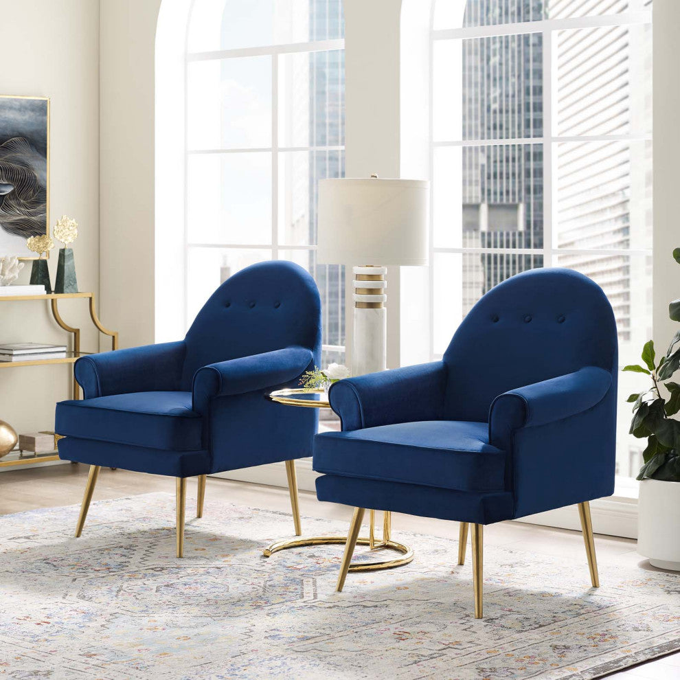 Armchair Accent Chair, Set of 2, Velvet, Blue Navy, Modern, Lounge Hospitality