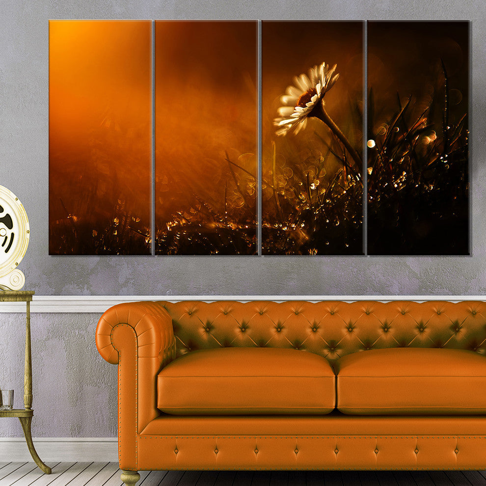 White Wild Flower at Sunset After Rain, Floral Canvas Print, 48"x28", 4 Panels