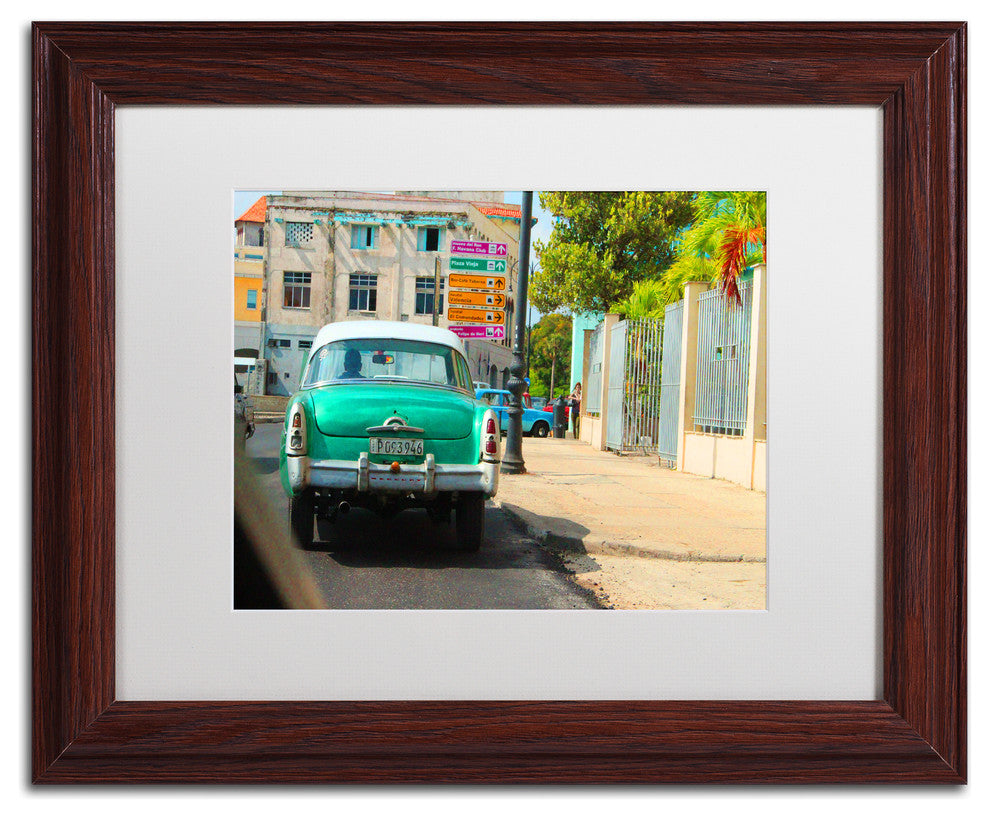''American Car In Havana'' Matted Framed Art, Wood Frame, White Matte, 14x11
