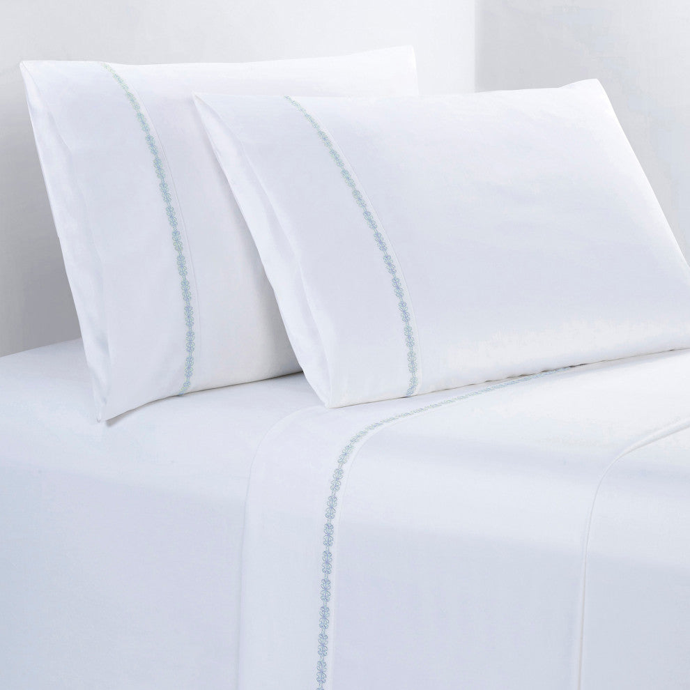 350TC Laurel Embroidered Border Sheet Set, 4 Piece, Light Blue, Twin