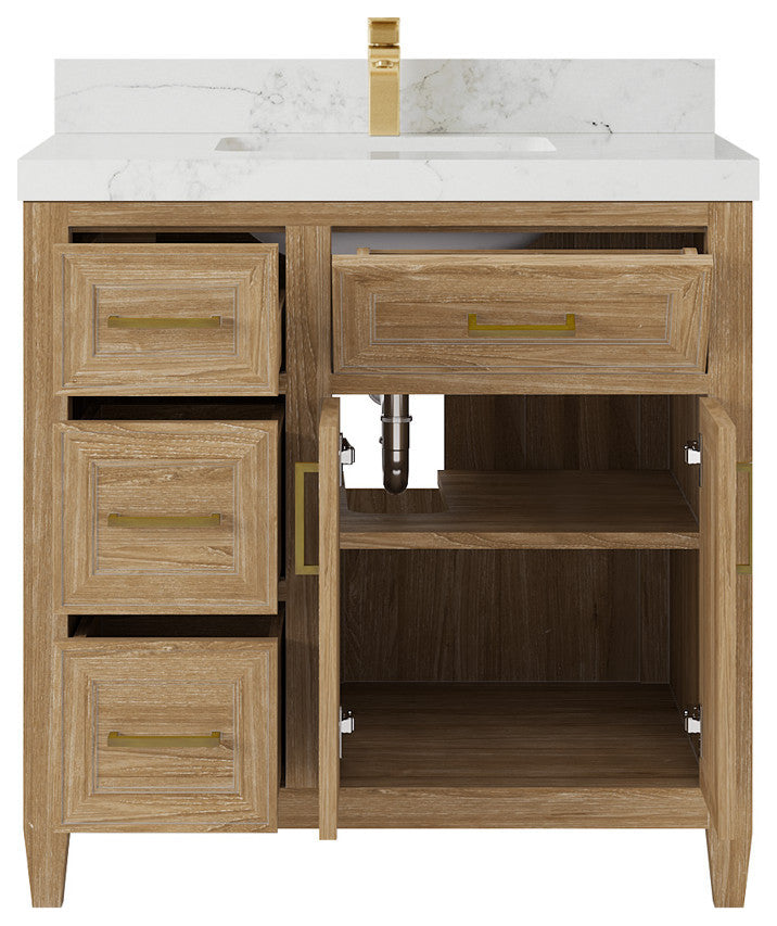 Santa Monica 36 Center Sink Bath Vanity in Whitewashed Teak 2" Calacatta Nuvo