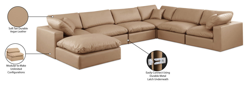 Comfy Upholstered U-Shaped Modular Sectional, Tan, 7-Piece: 3 Armless Chair, 3 Corner Chair, 1 Ottoman, Vegan Leather
