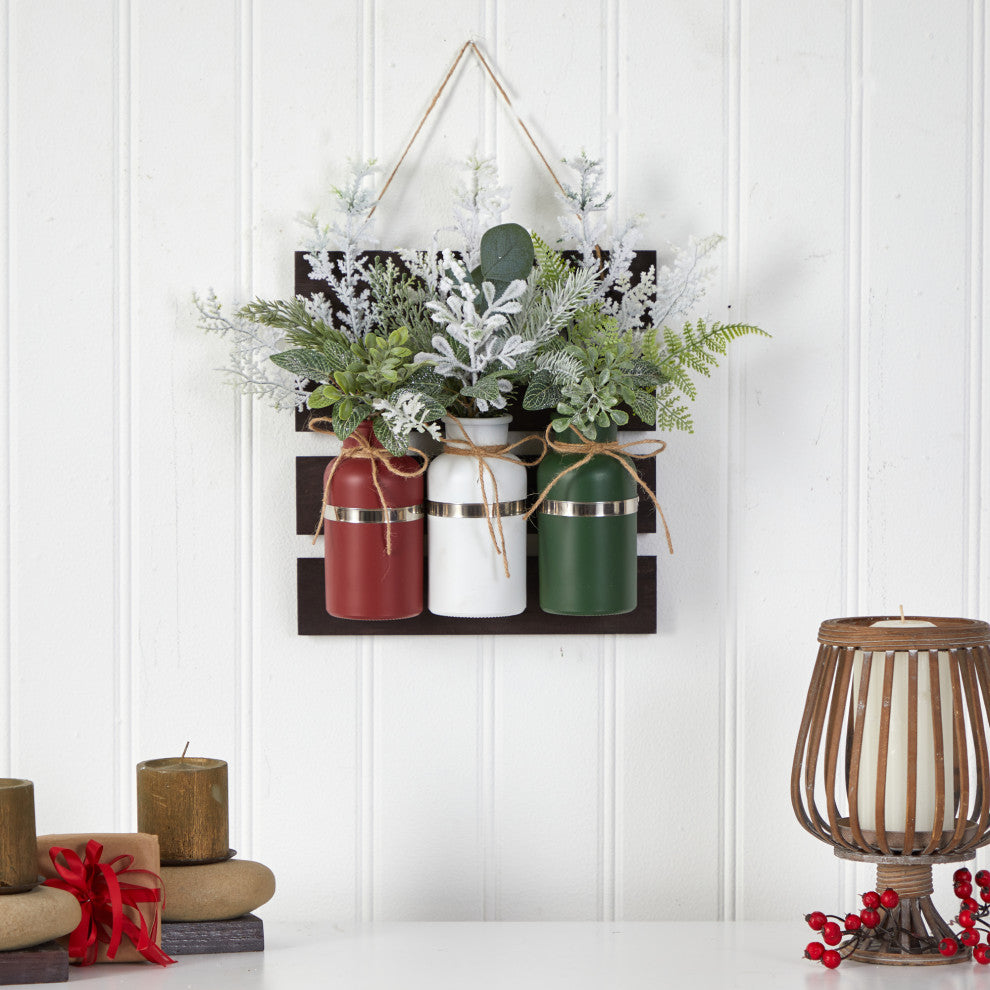 17" Holiday Assorted Christmas Pine Hanging Three Piece Mason Jar Arrangement