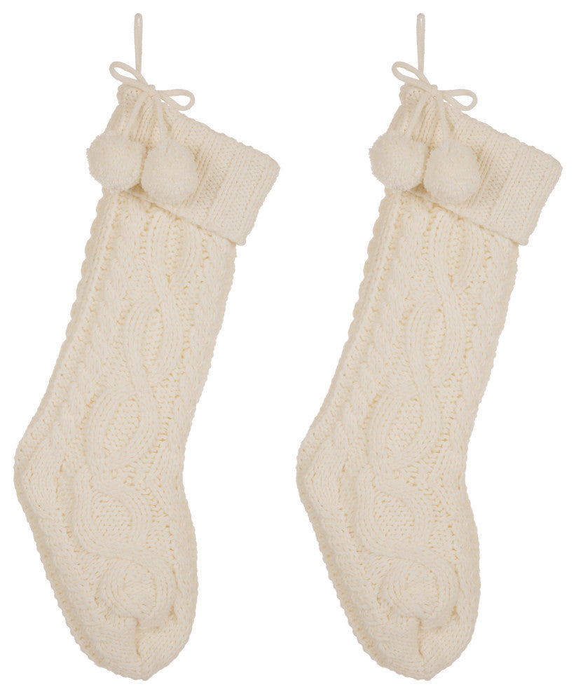 2-Pack 24"L Knitted Polyester Christmas Stocking With Pom Pom Ball, White