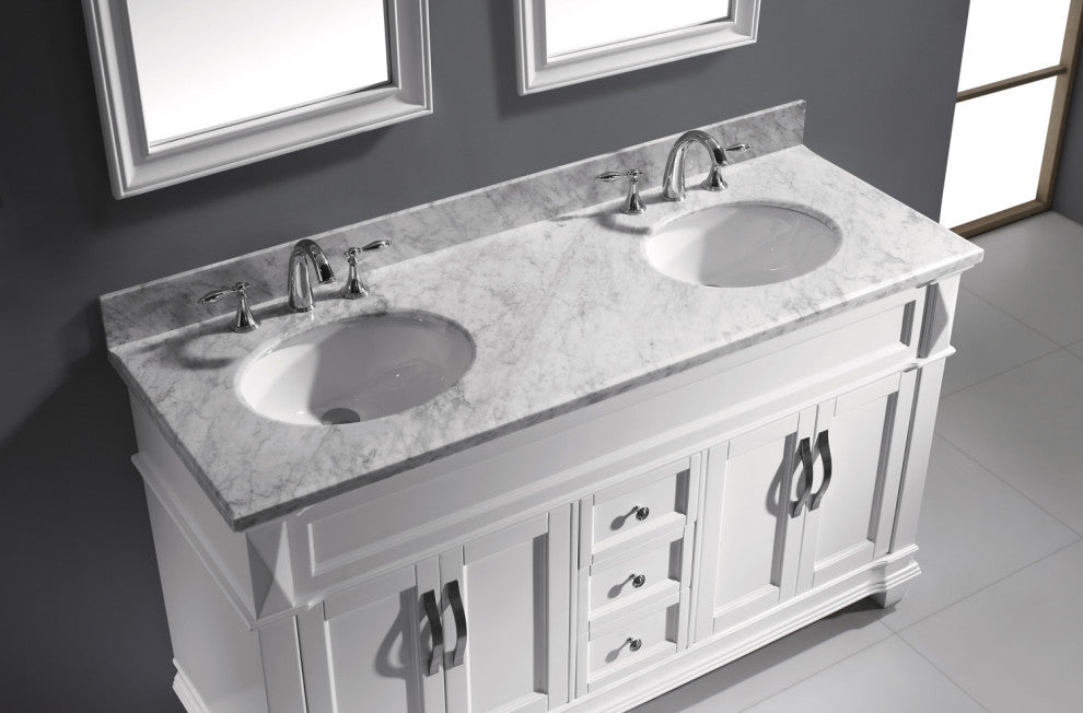 Virtu Victoria 60" Double Bathroom Vanity, White With Faucet and Mirrors